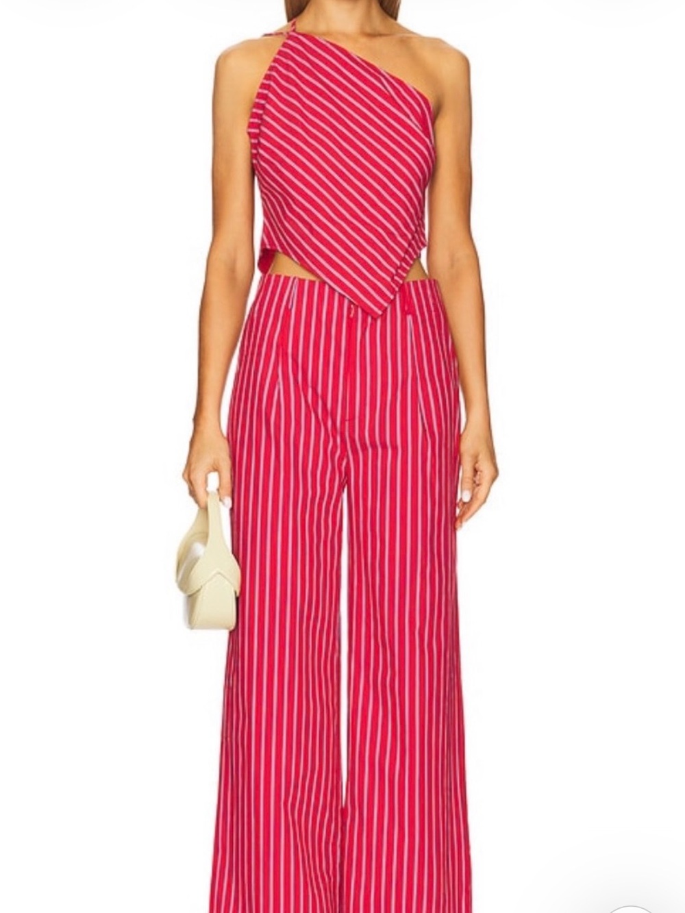 Line & Dot Red White Striped One-Shoulder  Top and Wide-Leg Pants *SOLD AS SET *